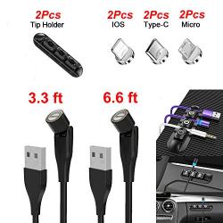 FEIKU 360°& 180°Rotation 3 in 1 Magnetic Data Cable, 3A Fast Data Transfer USB Magnetic Cable, 360 Magnetic Charging Cable with Micro USB I-Product and Type C Smartphones (Black(2-Pack,3.3ft,6.6ft))