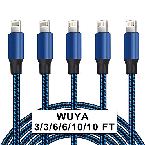WUYA iPhone Charger, MFi Certified Lightning Cable 5 Pack (3/3/6/6/10FT) Nylon Woven with Metal Connector Compatible iPhone Xs Max/X/8/7/Plus/6S/6/SE/5S iPad - Black&Blue