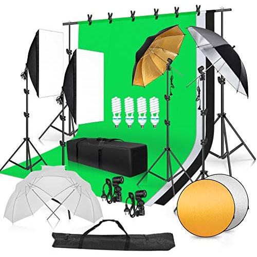 SH Photography Lighting Kit, 6.5x10FT/2x3m Background Support System 800W 5500K Softbox Umbrella Continuous Lighting Equipment, 2-in-1 Reflector, for Photos, Videos, Portraits and Product Shooting