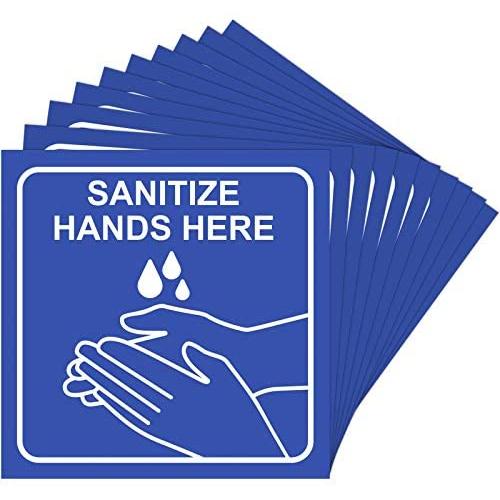 10 Pieces Sanitize Hands Here Signs Stickers Use Hand Signs 6 x 6 Inch Quality Self-Adhesive Vinyl, Laminated for UV, Scratch, Water, Weather and Fade Resistance, Indoor and Outdoor