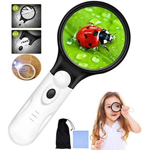 HunterBee Lightweight 3LED Lighted Handheld Magnifier, 3 × 45 × High Magnifier for Reading, Appreciation of Jewelry, Stamps, Coins, Electronic Maintenance, Handicraft and Hobby