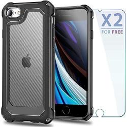 iPhone 8/7 / SE 2020 Case with [ Screen Protector Tempered Glass x2Pack] SUPBEC Protective Phone Cover with Silicone PC+TPU Shockproof Rubber Heavy Duty Case for iPhone8 / iPhone SE2-Clear Black