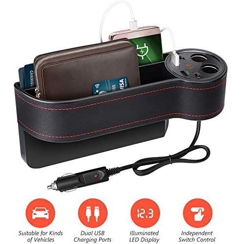 Beusoft Car Seat Gap Filler, Car Seat Organizer, Full Premium PU Leather Multifunctional Car Organizer with 2 Lighters, 2 USB Chargers
