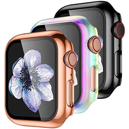 【3 Pack】 Easuny Hard Case Cover Design for Apple Watch Series 3 Series 2 1 38mm with Built-in Glass Screen Protector - Overall Protective Accessories for iWatch Women Men,Black Rose-Gold Colorful