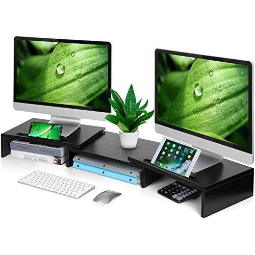 AMERIERGO Dual Monitor Stand Riser- 3 Shelf Screen Stand with Adjustable Length and Angle, 2 Extra Functional Slot Desktop Organizer Stand for PC, Computer, Laptop (Black)