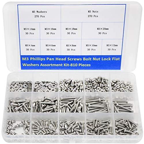M3 x 4/6/8/10/12/14/16/18/20 mm Screw Assortment Kit 304 Stainless Steel Phillips Pan Head Machine Screws Bolts Nuts Lock Flat Washers with Storage Box - 810 Pieces