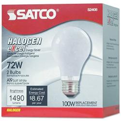 Satco S2408 72 Watt (100 Watt) 1490 Lumens A19 Halogen Warm White 3000K Soft White Light Bulb, 2-Pack