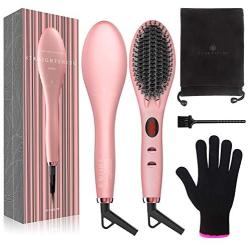 Ionic Straightening Brush, GLAMFIELDS Hair Straightener Brush with Anti-Scald, Anti Frizz, 30s Fast Ceramic Heating, Auto Temperature Lock & Auto-Off, Dual Voltage Straightening Comb for Home, Travel