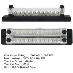 24 Terminal 150A Bus Bar Ground Distribution Terminal Block - 2 Row Terminal Grounding Bus Bar with 2 Studs 12 Groundings Per Row
