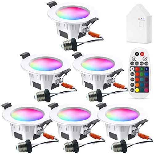 Smart Led Downlight Kit, FVTLED 6pcs WiFi Wireless Bluetooth 5W Dimmable Recessed Spot RGBWC Multicolor Color 5 in 1 Ceiling Spotlight with Remote Control & BT Mesh Smart Bridge