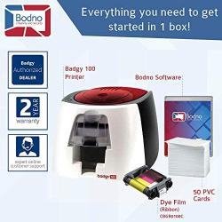 Badgy100 Color Plastic ID Card Printer with Complete Supplies Package with Bodno ID Software - Silver Edition