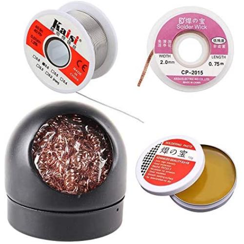 4-in-1 welding tool set, soldering iron tip cleaner + 0.6mm solder wire (1.76 oz / 50 g) + Rosin Solder Flux Paste (0.35 oz / 10 g), no-clean soldering core (2.0mm, 29.5 inches)