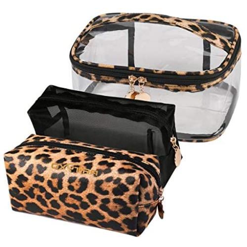 Jarrel 3Pcs Makeup Bag Set Travel Portable Cosmetic Bag - Clear & Leopard Print Pouch Waterproof Organizer Multifunction Case (3in1 Leopard Print)