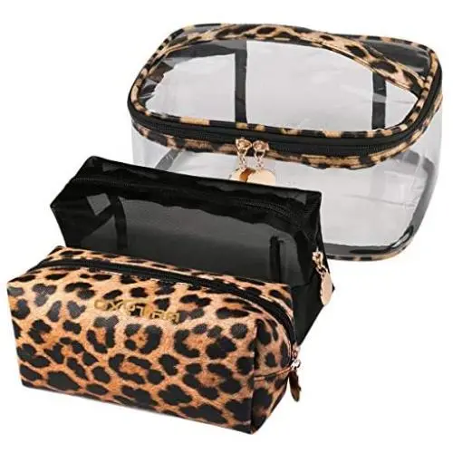 Jarrel 3Pcs Makeup Bag Set Travel Portable Cosmetic Bag - Clear & Leopard Print Pouch Waterproof Organizer Multifunction Case (3in1 Leopard Print)