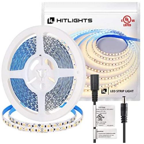 HitLights Warm White LED Light Strip, Premium High Density 3528 - 16.4 Feet, 600 LEDs, 3000K, 164 Lumens per Foot. UL-Listed. 12V DC Tape Light