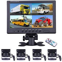 Vehicle Backup Camera - Camecho 9 Inch 4 Split Monitor Front View Rear View Camera 18 IR Night Vision Waterproof Auto Camera with 2x33 ft and 2x65ft Cables for RV, Trailer, Bus,Trucks