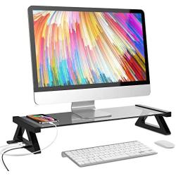 Mufti-Function USB 2.0 Monitor Stand Riser Tempered Glass Computer Screen Stand with Keyboard Storage Space, Fast Charging and External Power Supply (Gray)