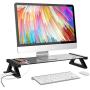 Mufti-Function USB 2.0 Monitor Stand Riser Tempered Glass Computer Screen Stand with Keyboard Storage Space, Fast Charging and External Power Supply (Gray)