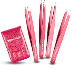 VARWANEO 4 PCS Eyebrow Tweezers for Women, Professional Precision Slant and Pointed Tip Tweezers Set Eyebrow Plucker Tools for Ingrown Hair, Hair Removal Tweezers with Leather Travel Case(rose red)