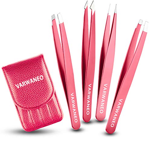 VARWANEO 4 PCS Eyebrow Tweezers for Women, Professional Precision Slant and Pointed Tip Tweezers Set Eyebrow Plucker Tools for Ingrown Hair, Hair Removal Tweezers with Leather Travel Case(rose red)