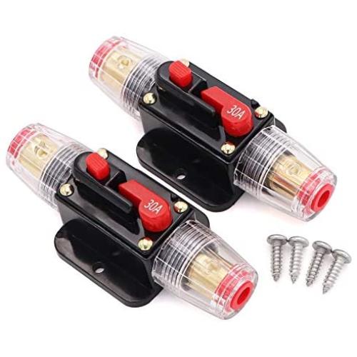 2 pcs 30A Audio Inline Circuit Breaker Reset Fuse 12V-24V DC, PowMr Reset Fuse Holder 30 amp with Manual Reset for Car Audio, Stereo Switch and Solar Inverter System