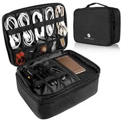 Travel Electronics Organizer, Waterproof Cable Organizer Bag for Electronic Accessories Double Layer Large Shockproof Cable Storage Bag for Cord, Power Bank, Tablet(Up to iPad 11 inch) - Black