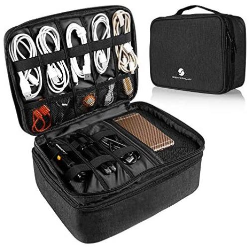 Travel Electronics Organizer, Waterproof Cable Organizer Bag for Electronic Accessories Double Layer Large Shockproof Cable Storage Bag for Cord, Power Bank, Tablet(Up to iPad 11 inch) - Black