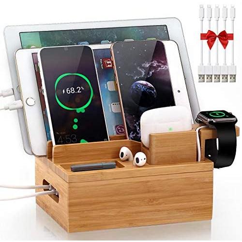 Bamboo Charging Station for Multiple Devices - Pezin & Hulin Electronic Docking Station Organizer for Apple Product, Cellphone, AirPods, iWatch, Tablet (Included 5 Charging Cables, No Power Supply)
