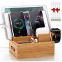 Bamboo Charging Station for Multiple Devices - Pezin & Hulin Electronic Docking Station Organizer for Apple Product, Cellphone, AirPods, iWatch, Tablet (Included 5 Charging Cables, No Power Supply)