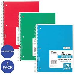 Mead Spiral Notebooks, 3 Subject, Wide Ruled Paper, 120 Sheets, 10-1/2'' x 7-1/2'', Red, Green, Blue, 3 Pack (73179)