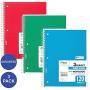 Mead Spiral Notebooks, 3 Subject, Wide Ruled Paper, 120 Sheets, 10-1/2'' x 7-1/2'', Red, Green, Blue, 3 Pack (73179)