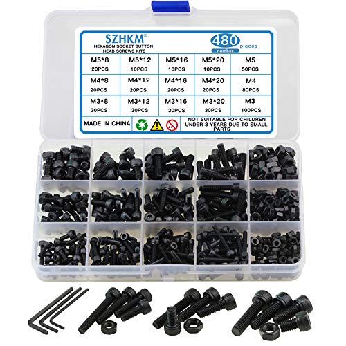 SZHKM 480Pcs Grade 12.9 Nuts and Bolts Assortment Kit M3 M4 M5 Socket Head Cap Screws Set Alloy Steel Machine Screws and Nuts Black with Wrench
