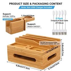 Bamboo Charging Station for Multiple Devices - Pezin & Hulin Electronic Docking Station Organizer for Apple Product, Cellphone, AirPods, iWatch, Tablet (Included 5 Charging Cables, No Power Supply)