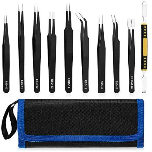 10 PCS Precision Tweezers Set, Premium Craft Tweezers Kit, Stainless Steel Electronic ESD Tweezers, Anti-static Industrial Soldering Tweezers, with Tweezer Storage Bag