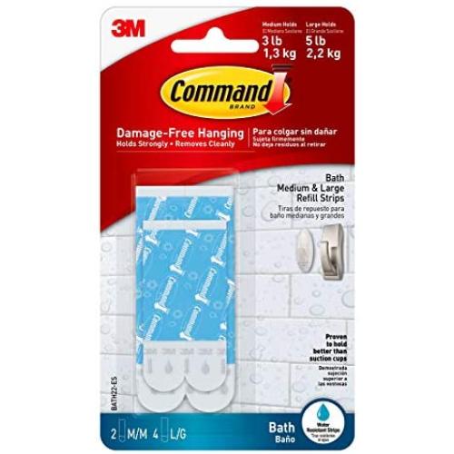 Command Bath Replacement Strips, Medium and Large Water-Resistant Adhesive Strips, Re-Hang Bath Hooks or Caddies, 2 Medium Strips, 4 Large Strips, BATH22-ES