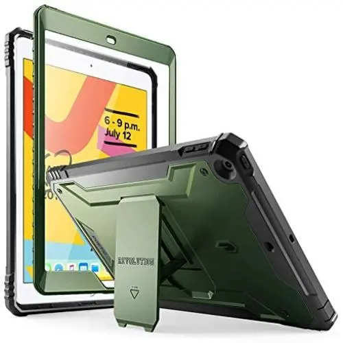 Poetic Revolution Series Case for iPad 10.2 7th Generation 2019 / 8th Generation 2020 Case, Full-Body Rugged Shockproof Protective Cover with Kickstand and Built-in-Screen Protector, Metallic Green