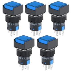 uxcell 5 Pcs 16mm Momentary Push Button Switch Blue LED Light Square Button 1 NO 1 NC Light 24V