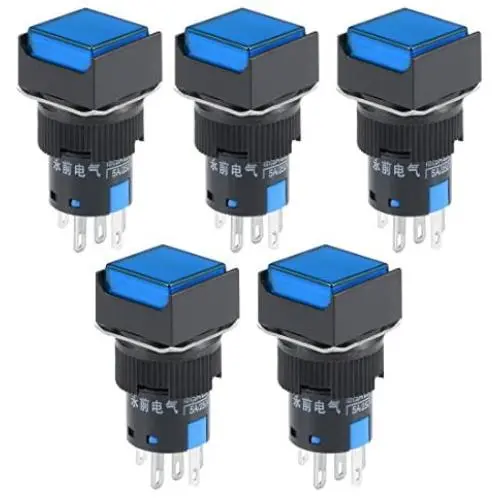 uxcell 5 Pcs 16mm Momentary Push Button Switch Blue LED Light Square Button 1 NO 1 NC Light 24V