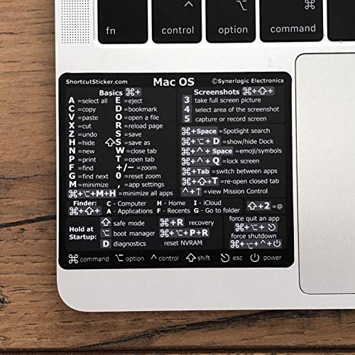 SYNERLOGIC Mac OS Big Sur/Catalina/Mojave/etc. Reference Keyboard Shortcut Sticker v2.0 Premium Black Matte Vinyl, Temporary Adhesive, 3.25''x2.75''- For Intel Macbook Air/Pro 13'',15'',16'', iMac/Mac Mini