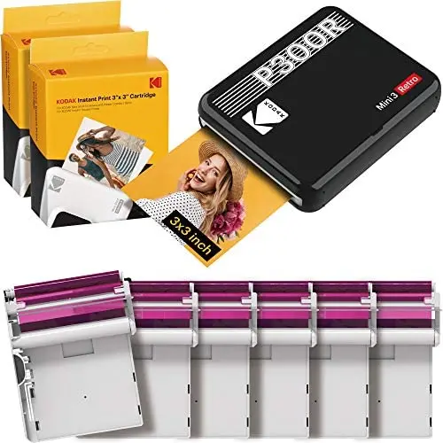 KODAK Mini 3 Square Retro Portable Printer - Social Media Photo Instant Printer – Premium App iOS & Android Compatible – Wireless Connection – 3x3inch Photo - 4PASS Technology - 60 Sheet Bundle Black