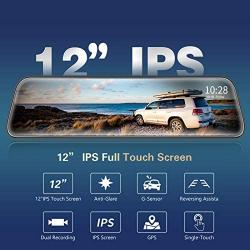WOLFBOX 12'' 2.5K Mirror Dash Cam with Full Touch Screen, Front and Rear Dual Dash Camera for Cars, Waterproof Backup Camera Rear View Mirror Camera, Sony Sensor, Night Vision, Parking Assistance, GPS