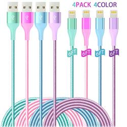Lightning Cable 4Pack(6/6/6/6ft) 4Colors iPhone Charger MFi Certified Nylon Braided Long Fast USB Cord Compatible for iPhone11 11Pro MAX Xs XR X 8 7 6S 6 Plus SE 5S 5C(Green Purple Pink Blue)