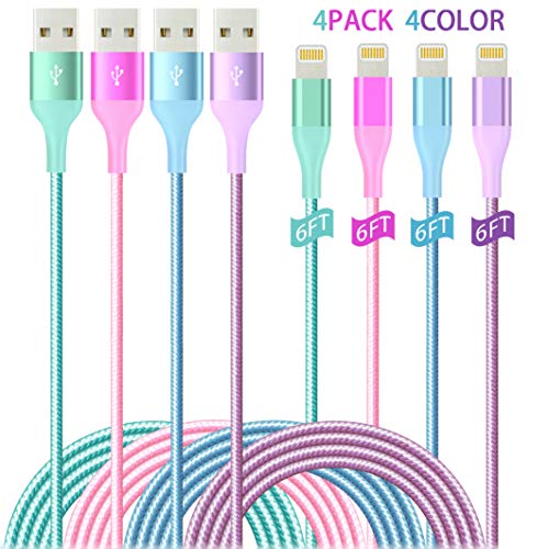Lightning Cable 4Pack(6/6/6/6ft) 4Colors iPhone Charger MFi Certified Nylon Braided Long Fast USB Cord Compatible for iPhone11 11Pro MAX Xs XR X 8 7 6S 6 Plus SE 5S 5C(Green Purple Pink Blue)