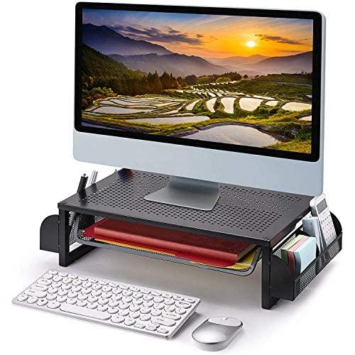 Simple Trending Metal Monitor Riser Stand and Computer Desk Organizer with Drawer, Black