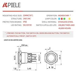 APIELE 22mm Momentary Push Button Switch 12V Angel Eye LED Waterproof Stainless Steel Round Metal Self-Reset 7/8 1NO 1NC with Pigtail (Green)