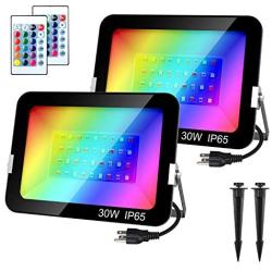 T-SUNUS 30W RGB Flood Light, Color Changing Outdoor Spotlight with Remote Control 4 Modes 16 Colors Dimmable Wall Wash Lights Party Stage Landscape Light 2 Pack