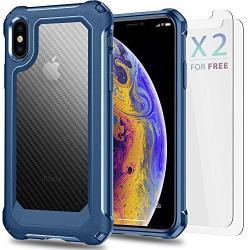 iPhone X Case, iPhone Xs Case with [ Screen Protector Tempered Glass x2Pack] SUPBEC Protective Phone Cover with Silicone PC+TPU Shockproof Rubber Heavy Duty Case for iPhone X/iPhone Xs-Clear Blue
