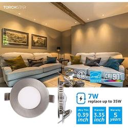TORCHSTAR Premium 7W 3-Inch Ultra-Thin LED Recessed Light with J Box, 3000K Warm White, Dimmable Slim Panel Downlight, 400lm, ETL & Energy Star, 5 Years Warranty, Satin Nickel Finish, Pack of 6