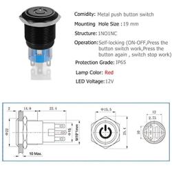 Quentacy 19mm Latching Push Button Switch 12V Power Symbol Light 1NO1NC SPDT ON/OFF Black Metal Shell Waterproof Toggle Switches with Wire Socket Plug 3/4'' Mounting Hole (Red)