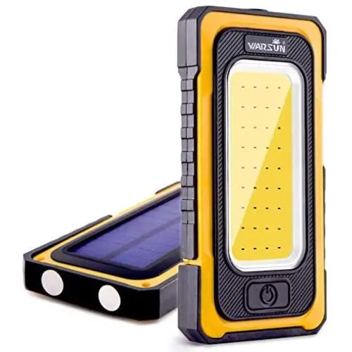 WARSUN Led Work Light, Rechargeable Work Light,Portable Magnetic Work Light, Waterproof LED Solar Flood Lights for Outdoor Camping Hiking Emergency Car Repairing (USB + Solar Charging, Yellow)